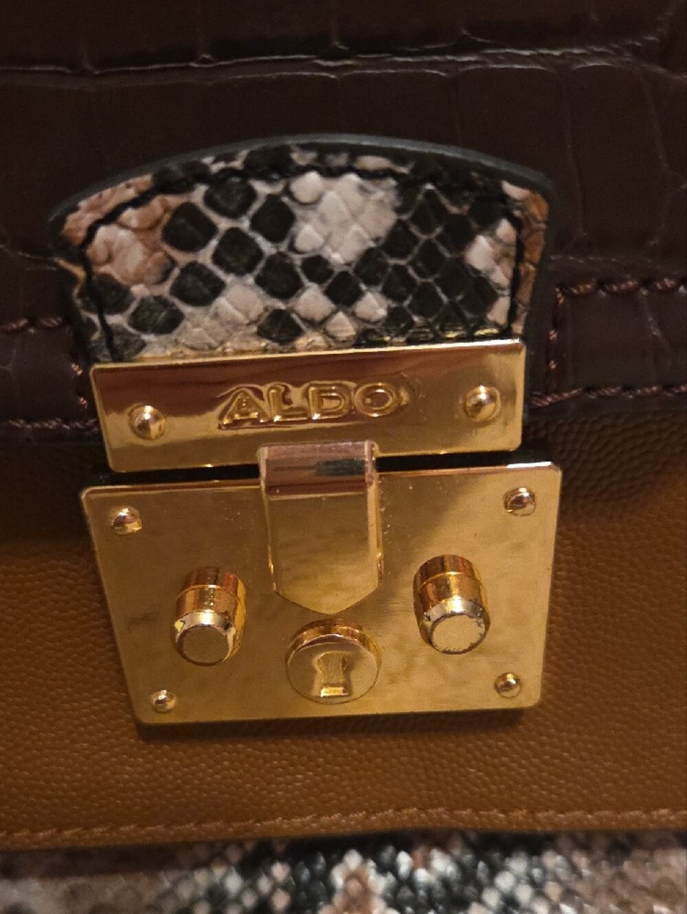 Aldo Structured Brown Croc-Textured Top Handle Satchel with Snake-Print Accents - Picture 2 of 5
